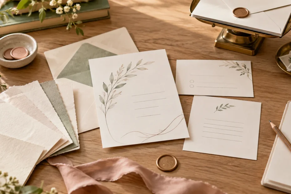 Warm overhead lifestyle scene of botanical wedding stationery on a wooden table, with cream invitation cards, envelopes, textured paper swatches, blush ribbon, wax seals, a pencil, and small sprigs of greenery.