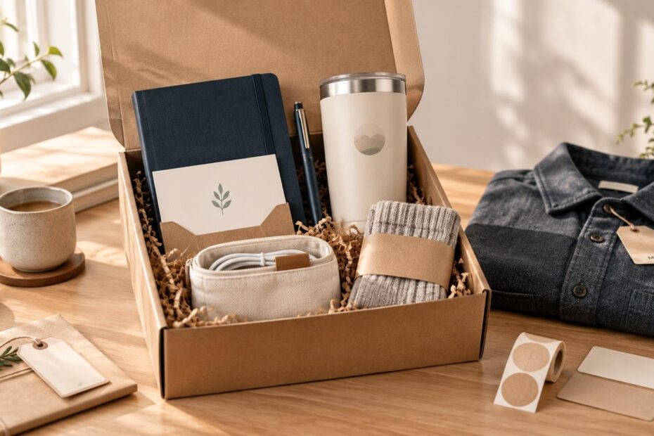 Warmly lit desk scene with an open cardboard welcome box containing a notebook, pen, insulated tumbler, cable pouch, socks, and card, beside a folded dark shirt with a hanging tag, wrapped stationery, and stickers.