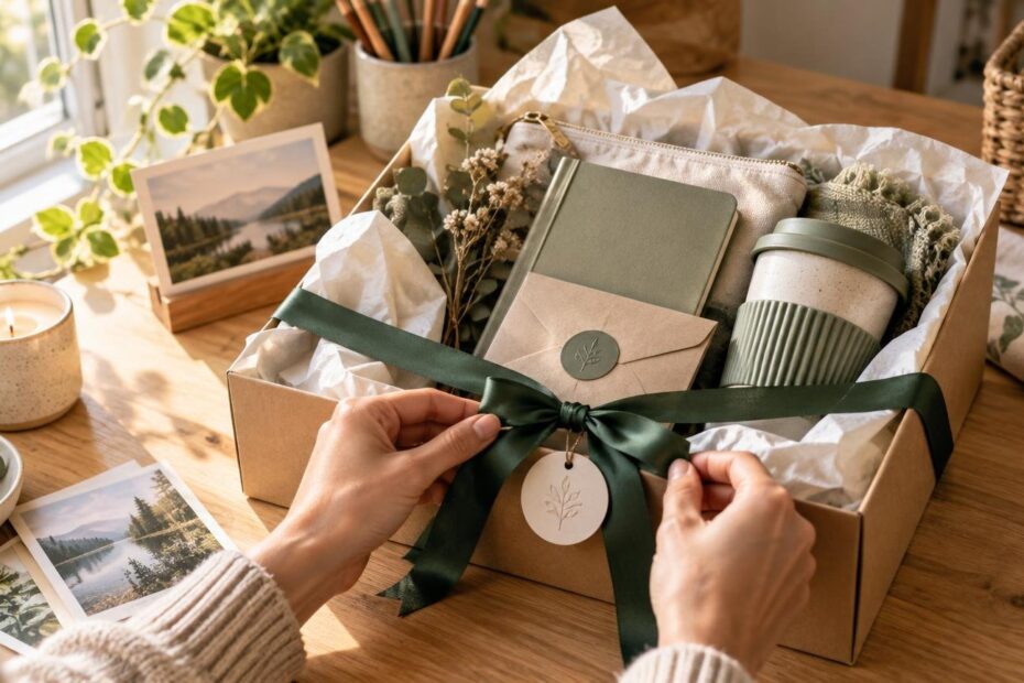 Hands tie a dark green ribbon around an open kraft gift box filled with a notebook, pouch, reusable cup, dried flowers, and tissue paper beside a candle and small landscape prints in warm window light.