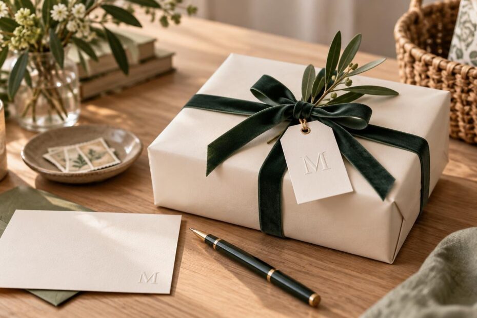Warm editorial scene of a cream-wrapped gift box with a dark green velvet ribbon, leafy sprig, and an embossed “M” gift tag on a wooden table, alongside matching monogrammed stationery, a pen, candle, flowers, and a woven basket.