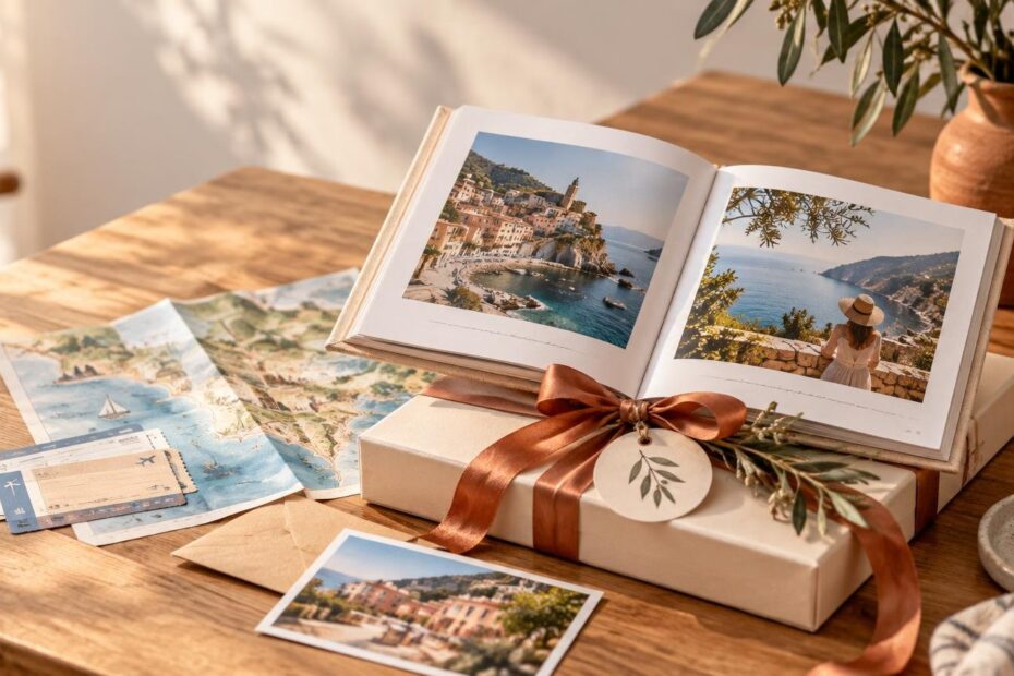 Warmly lit wooden table arranged with an open travel photo album, wrapped gift boxes tied with brown ribbon, a botanical gift tag, a folded coastal map, travel-ticket-like keepsakes, and a loose vacation photo.