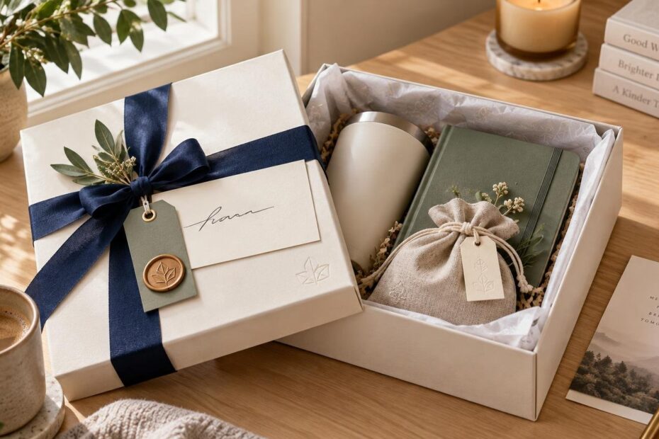Warm sunlit tabletop scene with a white ribbon-wrapped gift box and an open gift box holding a cream travel tumbler, green notebook, fabric keepsake pouch, tags, tissue paper, and dried flowers.
