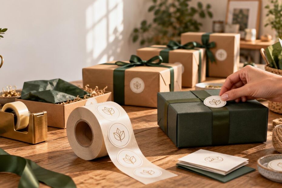 A hand applies a round leaf-design sticker to a dark green gift box beside a roll of matching labels, wrapped kraft boxes, green ribbon, tissue paper, and packing supplies on a sunlit wooden table.
