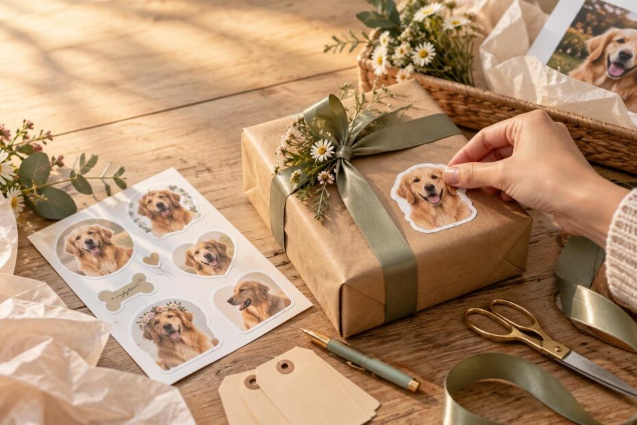 Warmly lit tabletop scene of a hand placing a golden retriever photo sticker onto a brown-paper wrapped gift with a green ribbon and small white flowers, beside a sheet of dog photo stickers, gift tags, scissors, ribbon, tissue paper, and a basket holding a framed dog photo.