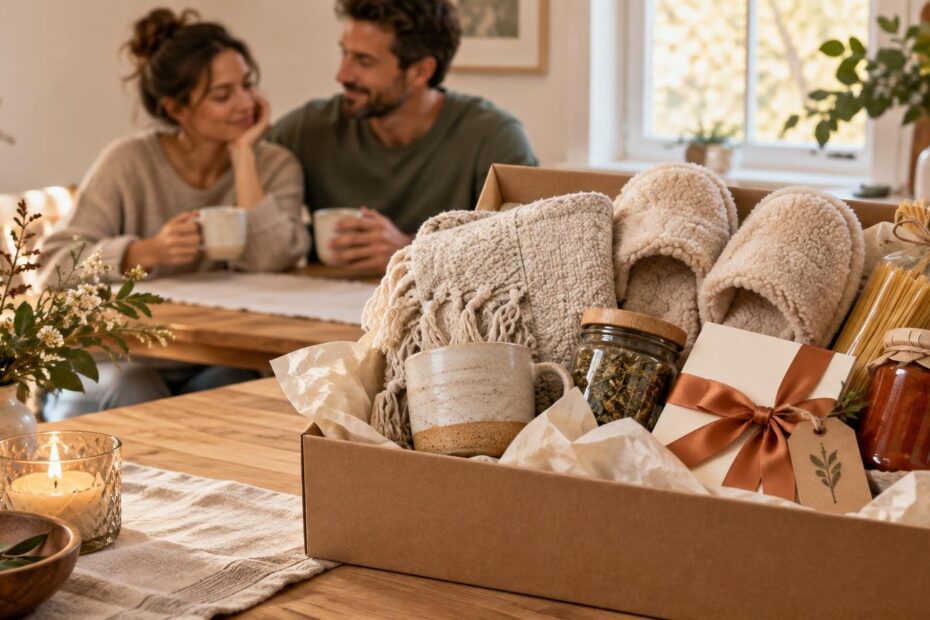 Warm home scene with two adults holding mugs behind a gift box filled with slippers, a blanket, tea, a candle, pasta, sauce, and a ribbon-wrapped card.