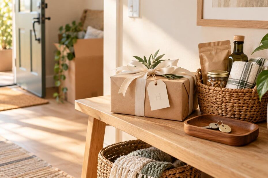 Warm sunlit entryway with a wrapped brown-paper housewarming gift, an initial H tag, a woven basket of pantry items and a folded towel, and keys resting in a wooden tray.