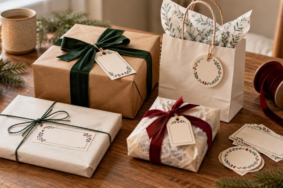 Warm holiday gift-wrapping scene with kraft and white wrapped packages, blank botanical gift tags and labels, green and burgundy velvet ribbons, a small paper gift bag, tissue paper, twine, evergreen sprigs, cranberries, and a lit candle on a wooden table.