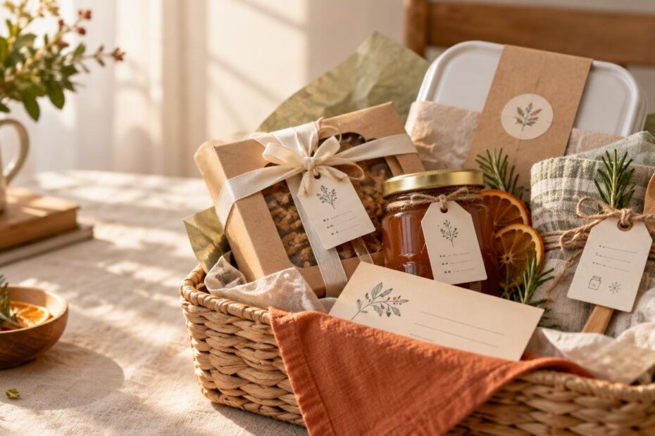Warmly lit wicker gift basket with a jar of preserves, packaged baked goods, dried orange slices, rosemary, a wooden spoon, folded cloth, and blank botanical gift tags.
