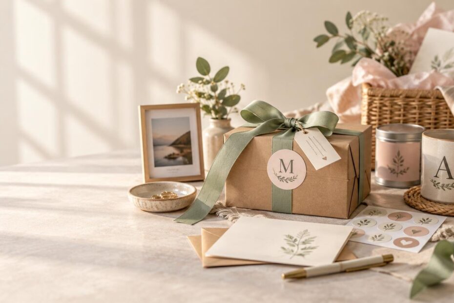 Warm tabletop arrangement of a ribbon-wrapped gift box with personalized initial tags, a monogrammed mug, stationery, stickers, a framed photo, and a small gift basket in soft natural light.