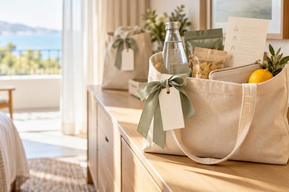 Canvas welcome tote with a green ribbon and blank tag, filled with bottled water, snack packets, a pouch, lemon, greenery, and an illustrated itinerary card on a sunny hotel-room dresser overlooking water.