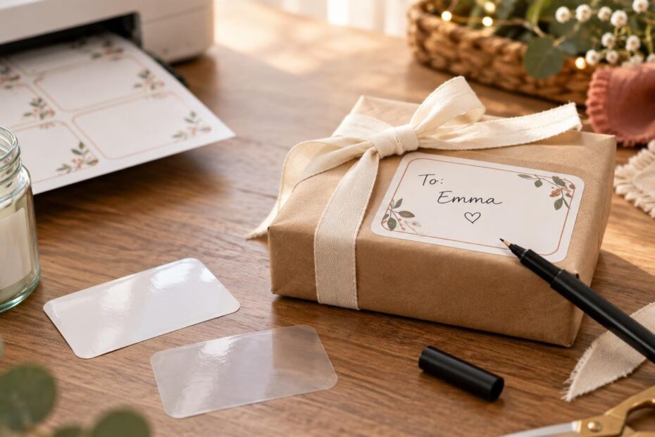 Warmly lit tabletop with a kraft-paper gift wrapped in cream ribbon, a floral handwritten label reading “To: Emma,” a black marker, blank glossy labels, printed label sheets, a candle, and seasonal greenery.